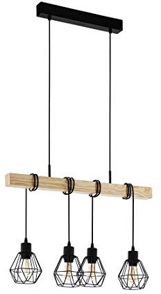 EGLO Pendellampe Townshend 5, 4 flammige Vintage Pendelleuchte im Industrial Design, Retro Hängelampe aus Stahl und Holz, Farbe: Schwarz, braun, Fassung: E27