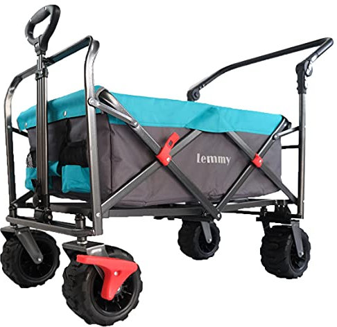 Lemmy LMY100GYT Faltbarer Bollerwagen LMY100, klappbar, Vorderrad-Bremse, PU Reifen (Grau+Tuerkis)