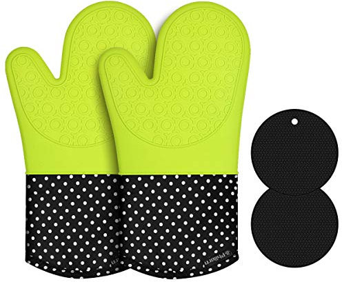 PHILORN Guante de Silicona Impermeable Horno Resistente al Calor Guante con 2 Manteles Largos de Algodón Parrilla para Barbacoa Fumadores para Fumar (Verde neón)