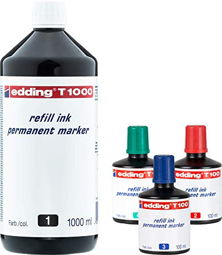 edding T100 Permanentmarker Nachfülltinte - Alle 4 Farben - Inhalt: 4x 100ml - Tusche für edding Permanent Marker (auch edding EcoLine)