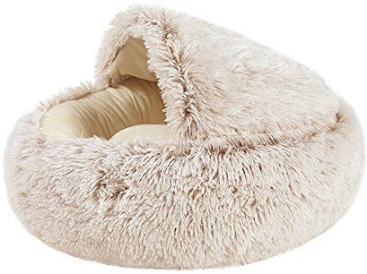 Souarts Katzenhöhle Katzenbett Halbgeschlossenes Hundebett Haustierbett mit Abdeckbett, Runde weiche Plüschhöhle Kuschelhöhle für Hunde und Katzen(Braun,Durchmesser 40 cm)