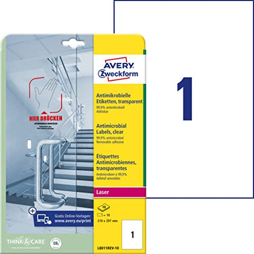 AVERY Zweckform L8011REV-10 selbstklebende Folie antibakteriell A4 (entfernt 99,9% aller Bakterien, Viren, Keime, 10 Hygieneaufkleber, wiederablösbare Etiketten für Türgriffe, Kontaktflächen) 10 Blatt