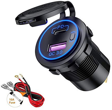 Thlevel Auto USB Ladegerät KFZ QC3.0 PD Type C mit Switch für 12V-24V Fahrzeuge Boot Motorrad SUV Bus LKW Wohnwagen Marine Blue