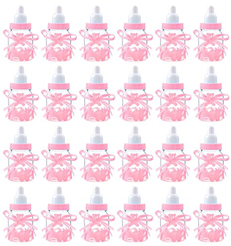 Babyparty Flaschen,24 PCS Mini Dekoschnuller Geschenk Babyparty Dekorationen Candy Flaschen Babyflaschen Gastgeschenke Baby Geschenk für Jungen Mädchen Party Gefälligkeiten Rosa