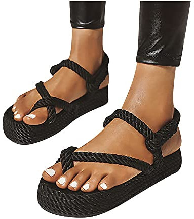 Susenstone Tongs Sandales Compensees femme plates Tresse Croisée en Corde de Lin Été 2021 Talons Plateforme Romaines Espadrilles Cuir Bout Ouvert Chaussures pour Plage Antidérapant Femme