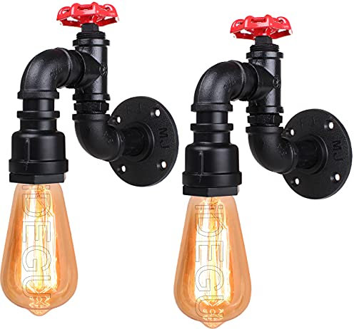 iDEGU 2 Stück Industrielle Wandleuchte, Vintage, Wandleuchte, Rohrstil, Retro, Art Déco, Wandlampe für Bar, Küche, Restaurant, Café, Flur (schwarz, Wasserhahn H)