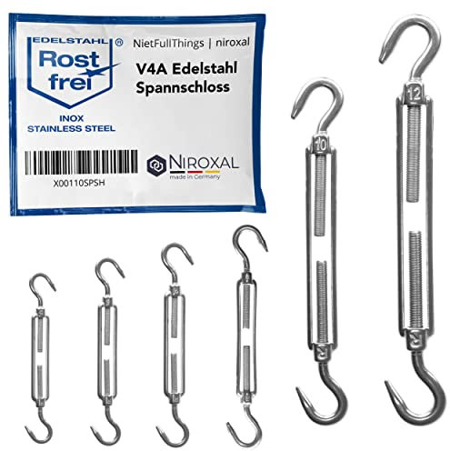 NietFullThings 2 Tenditori In Acciaio Inox V4A Con Due Ganci, Conformi Allo Standard Din 1480 1478, Per Corda, Gancio A Vite, Vite Di Serraggio M 5 Mm