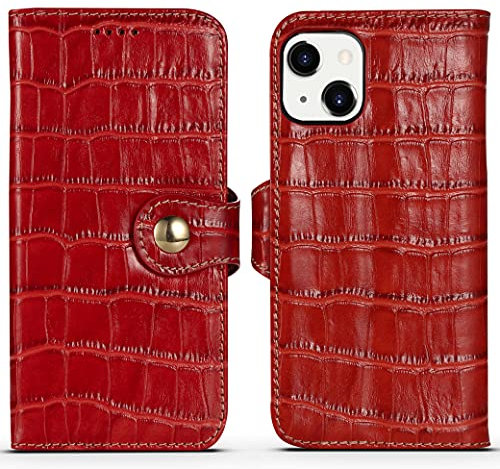 nincyee Genuine Leather Wallet Case for iPhone 13,Classic Crocodile Pattern Real Leather Flip Stand Case Cover with Card Slot Red