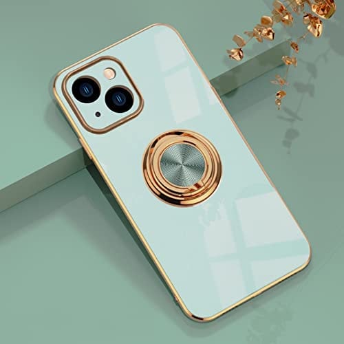 EYZUTAK Electroplated Magnetic Ring Holder Case, 360 Degree with Rotation Metal Finger Ring Holder Magnet Car Holder Soft Silicone Shockproof Cover for iPhone 13 6.1 inch - Mint Green