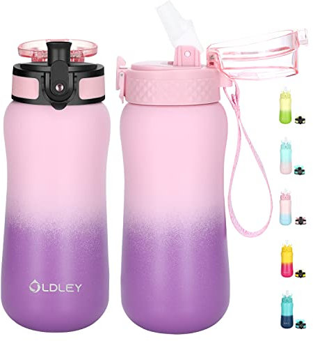 OLDLEY 350ml/12oz Insulated Kids Water Bottle with Straw, Stainless Steel Water Bottles with 2 Lids, Double Wall Vacuum Water Bottle BPA Free Sweat & Leak-Proof for School Travel, Pink Purple