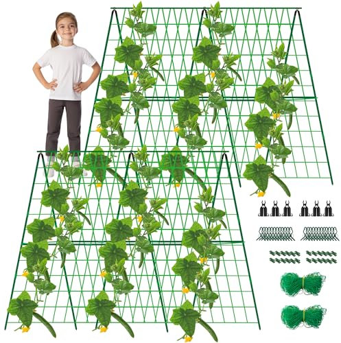 DECOHS Gurkengitter mit A-Rahmen, 119,8 x 119,8 cm, abnehmbares Metall-Garten-Rankgitter mit Kletternetz und Pflanzenstützclip für Outdoor-Pflanzen, Zucchini, Gemüse, Tomaten, Blumen, 2 Sets