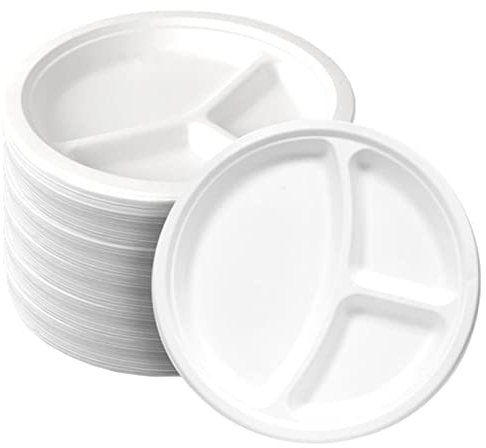 Lot de 50 assiettes jetables en bagasse à 3 compartiments - 25,4 cm - Très résistantes - Écologiques, biodégradables et compostables - Parfaites pour les pique-niques, les barbecues et les fêtes