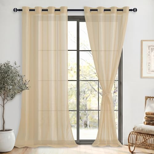 DWCN Gardinen mit ösen Transparent Sheer Voile Ösenvorhang Leicht Vorhang | Beige, 260x140cm(HxB), Vorhang mit Vorhang-Krawatten Schienensystem Vorhänge für Wohnzimmer, Schlafzimmer, 2 Stücke