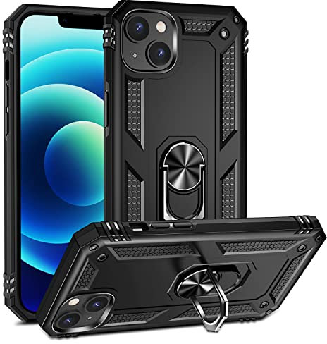 Fetrim Custodia per iPhone 14, Cover PC TPU Cassa Shell Supporto di Anello Rotante Case per Apple iPhone 14 Nero