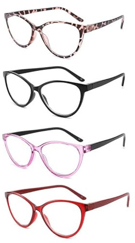Yuluki 4 Pack Reading Glasses Blue Light Blocking for Women Designer Style Cat Eye Computer Readers with Spring Hinges Anti Eye Strain +1.25