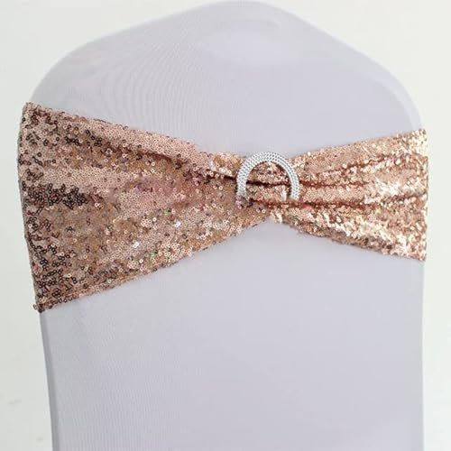 GILAYAS 10pcs/50pcs Wedding Sequin Chair Bow Sashes Spandex Glitter Chair Band Tie With Round Buckle Party Event Decoration-Rose Gold,50pcs
