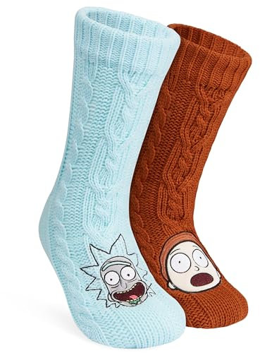 RICK AND MORTY Lustige Socken Herren, Kuschelsocken Herren mit ABS Anti Rutsch Noppen und Sherpa Fleece (Rost/Blau)
