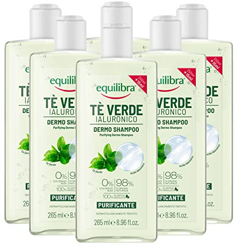 Equilibra Tè Verde Ialuronico Dermo Shampoo Purificante per Capelli Normali e Grassi Sapone con Bergamotto Azione Antiossidante - 6 Flaconi da 265ml