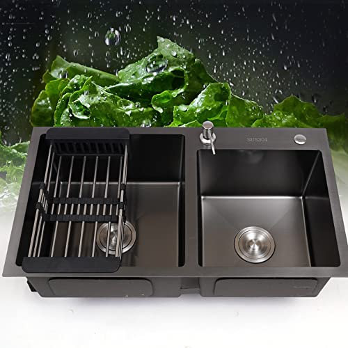 Fetcoi Fregadero de cocina de acero inoxidable PVD Nano con dispensador de jabón, juego de 78 x 43 x 22 cm, fregadero adecuado para cocina y lavandería, Negro