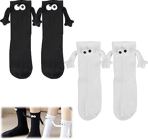 2 Paar Lustige Socken Funny Magnetic Suction 3D doll Couple Socks Magnetic Hand Holding Socks Schwarz und Weiß Hand in Hand socken für Paare