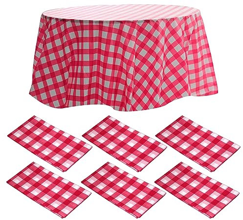 Runde Kunststoff-Tischdecke mit rotem Karomuster, 213 cm, Einweg-Tischdecke, rund, weiß, dekorativ, glatte Tischdecke für Partys, Grillen, drinnen und draußen, 6 Packungen