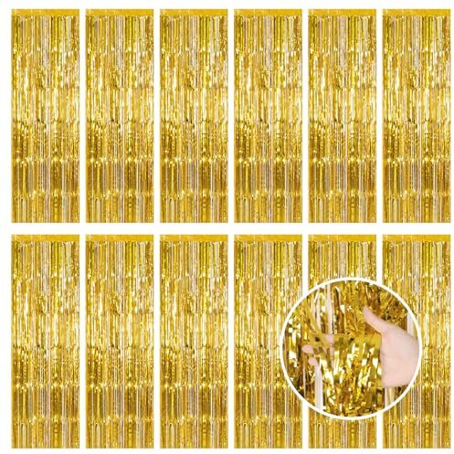 Lametta Vorhänge Hintergrund Gold, 12 Stück Glitzer Folie Fransen Luftschlangen Funkeln Vorhängen Dekoration Foto Hintergrund für Geburtstag Weihnachten Neujahr Hochzeit Disco Party, 1x2.5m