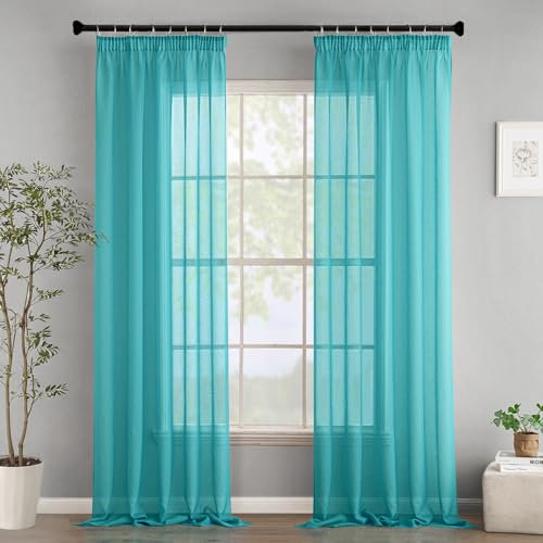 Woaboy Gardinen mit Kräuselband Voile Vorhänge Wohnzimmer Transparent Sheer Curtains Stores Gardine Schlafzimmer Modern Schlaufengardinen 2er Set 140x225cm (BxH) Türkis