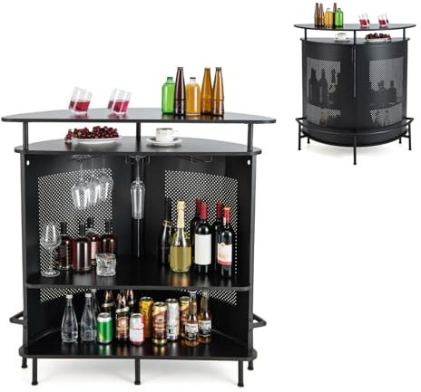 COSTWAY 2-in-1 Bar Table, 4-Tier Bar Cabinet with Stemware Holders, Footrest, Spacious Top & Adjustable Feet, Metal Wine Table Home Bar Unit for Kitchen Pub Bistro (Half Round)