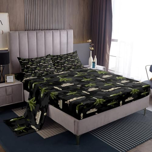 Bettlaken-Set für Kinder, Jungen, Erwachsene, Retro, Militär, Camouflage, schwarz, grau, bedruckt, tiefe Tasche, Spannbetttuch, komplettes Spannbetttuch, Kinder, Jungen, niedliches Tank-Flugzeug,