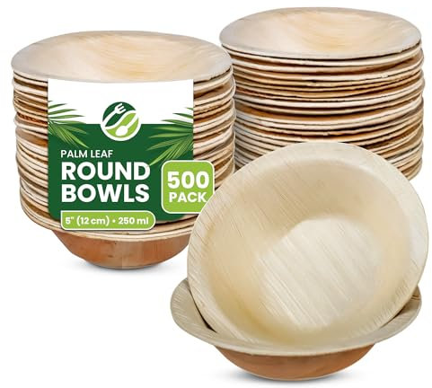 ECO Leaf 500 Disposable Palm Leaf Bowls |5”(12cm) Round Compostable Dinner Bowls | Eco-Friendly, Biodegradable Heavy-Duty Bowl for Wedding, Party and Picnic | Microwave & Oven Safe, Pack of 500