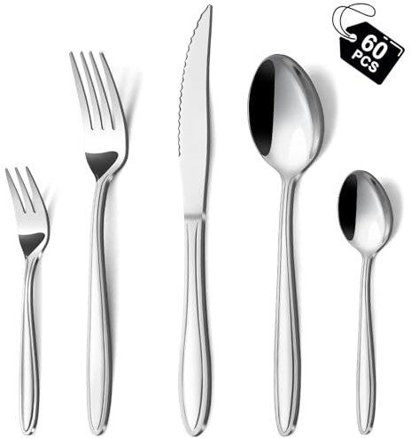Hunnycook Besteck Set 12 Personen, 60-teiliges Edelstahl Essbesteck mit Liniengriff, Elegantes Besteckset mit Messer Gabel Löffel für Haus/Restaurant/Party, Spülmaschinenfest