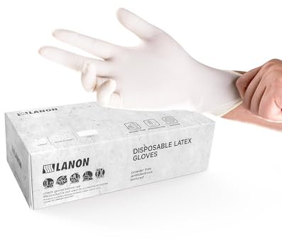 LANON 5 Mil Gants Jetables en Latex, Contact Alimentaire, Protection Multiusage, Doigts Texturés, Sans Poudre, Blanc, Taille M (100 Gants)