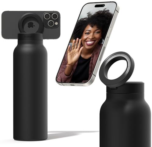 Ringo Botella de agua todo en uno, trípode y soporte magnético para teléfono: botella de agua aislada de acero inoxidable con soporte magnético para teléfono, caliente 12 horas, frío 24 horas,