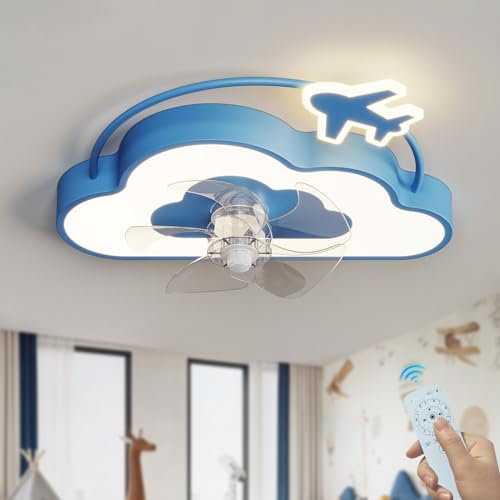 Nube Lampara Ventilador Techo, Niño Ventilador De Techo Con Luz Y Mando A Distancia LED Regulable 6 Velocidades Reversible Temporizador Lampara Ventilador Para Dormitorio Cuarto De Niños-Azul
