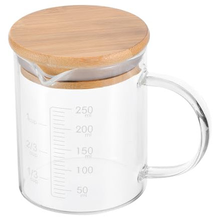 PATIKIL 250ml Glass Measuring Cup, 3.3 Borosilicate Glass Graduated White Printed Scale Liquid Measure Cups Beaker with Wood Lid and V-Shaped Spout for Kitchen