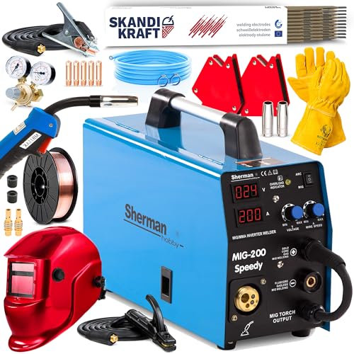 Sherman MIG 200 Speedy - 3 en 1 Soldador de hilo sin gas y con gas con 200A - Soldadura: MIG/MAG, MMA, Flux - Inductancia y tecnología IGBT - Set Premium