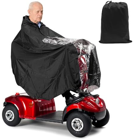 Universal Elektromobil Poncho - Regencape mit Kapuze und Durchsichtigem Panel zum Regenschutz - Regencape, Wasserdicht und Winddicht, Regenponcho für Seniorenmobil, Elektromobil, Rollstühle(Schwarz)