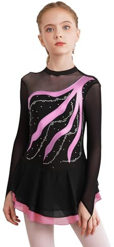 inhzoy Abito da Pattinaggio Artistico Bambina Manica Lunga Vestito da Balletto Ginnastica Artistica Body da Danza Classica Ballerina Strass Leotards Vestito da Ballo Lirico Rosa C 9-10 Anni