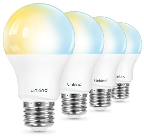 Linkind Smart Light Bulbs, Warm White to Daylight (2700K-6500K), Alexa Light Bulbs, Work with Alexa & Google Home, 60W Equivalent, Efficient 8.5W, 2.4G WiFi Bluetooth LED CRI>90, A19 E26 800LM, 4Pack