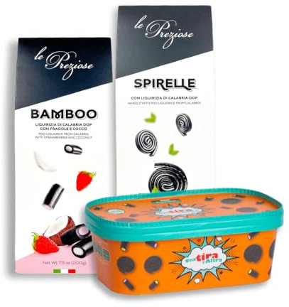 Silagum mix caramelle alla liquirizia, 6 confezioni da 200/450 grammi, Spirelle e tronchetti ripieni al cocco e fragola, Ingredienti naturali, Made in Italy