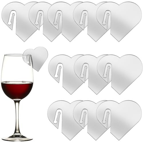 SUNNYCLUE 1 BOX 20PCS Acrylic Heart Glass Identifiers Drink Markers Silver Mirror Wine Stemless Glasses Write on Name Tag Marker Blanks Flat Glasses Tags for Wedding Birthday Christmas Family Party