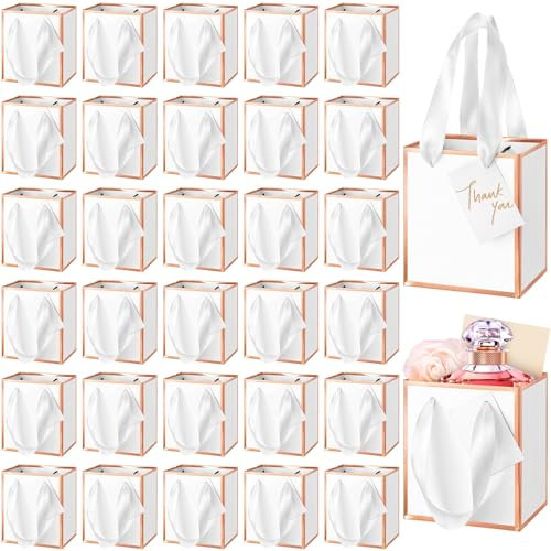 Yeaqee Mini-Geschenktüten aus metallischem Papier mit Griffen, 10,2 x 7,9 x 11,4 cm, kleine Geschenktüten mit Dankesanhänger, für Hochzeit, Abschlussfeier, Geburtstag, Party, Rückgabe, Schmuck