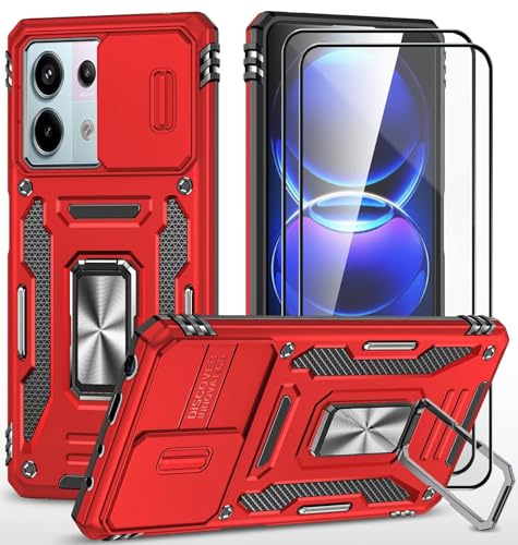CLYDITE Cover per Xiaomi Redmi Note 13 Pro 5G/Poco X6 5G Rosso Custodia con Vetro Temperato [2 Pack] Fotocamera Slidable Antiurto Custodia Antiurto Grado Militare 360° Ring Supporto Silicone Custodie