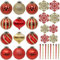 SLEETLY 28pk Red Gold Christmas Baubles for Tree Decorations - Holiday Xmas Shatterproof Plastic Ball Ornaments, Icicles and Snowflakes Set