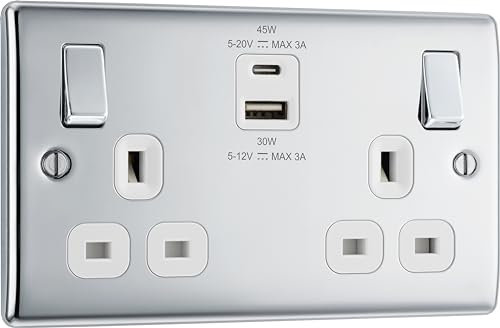BG Electrical Double Switched Power Wall Plug Socket with Super Fast Charge Type A and Type C USB Ports, Nexus Metal, Polished Chrome, 13A, 45W, NPC22UAC45W