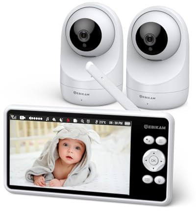 Sebikam Camara Vigilancia Bebé 5 720P HD IPS Pantalla Video Baby Monitor con 2 cámaras, Batería de 4000mAh PTZ 355°Vigilabebes, Modo VOX, Visión Nocturna, Audio Bidireccional, Temperatura