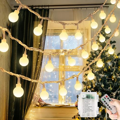 Qillnyy Guirlande lumineuse à piles pour extérieur/intérieur - 60 LED - 8 modes - 7 m - Avec télécommande - Étanche - Éclairage de Noël pour Noël, balcon, fête, terrasse (blanc chaud)