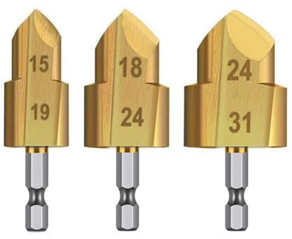 Saipor 3-teiliges Hochleistungs-Rohr-Reibstufenbohrer-Set, titanbeschichtet, Wasserrohr-Hebebohrer, Reibungs-Reparaturwerkzeug, 6,35 mm Sechskantschaft, Rohrreibahle, Stufen-Bits, PVC-Rohr-Expander