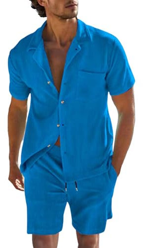 Herren-Winter-Arbeitsanzüge 2024, lässig, bequem, Button-Down-Kragen, Hemd, kurzärmelig, Shorts, Set, Herrenanzugjacken, blau, M