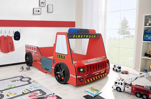 Aileenstore Feuerwehrbett Kinder 90x200 Spielbett Kinderbett Rio Firetruck Autobett Hochglanz mit LED Leuchte (Rot, Bett ohne Zubehör)